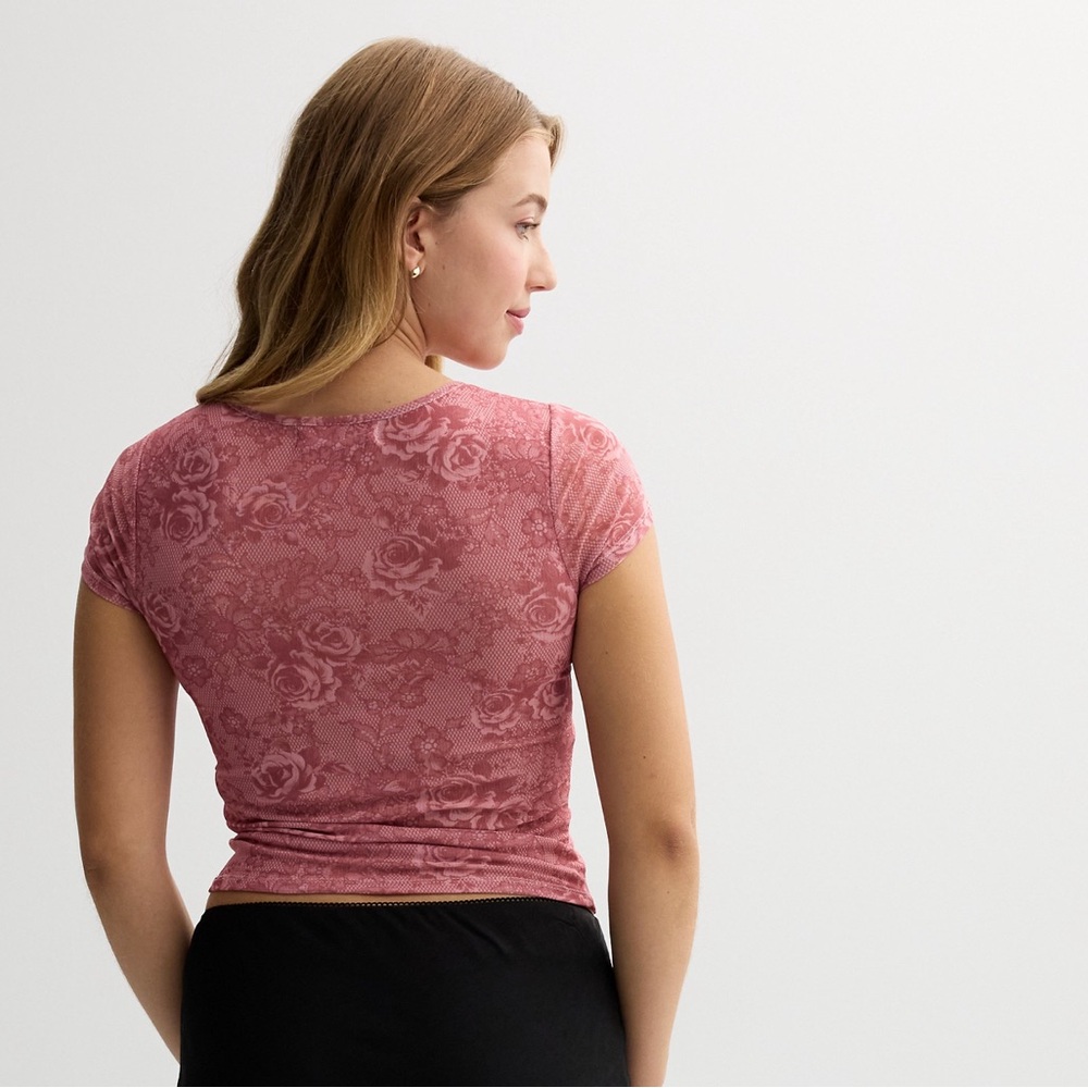 Dusty Rose Fitted Mesh Cap Sleeve T-Shirt with High Neckline